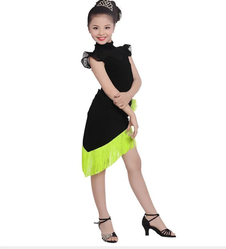 1set/lot Girls Latin Dance Dress Suits Children lace top and Fringe Skirt Ballroom Modern Dance Costumes