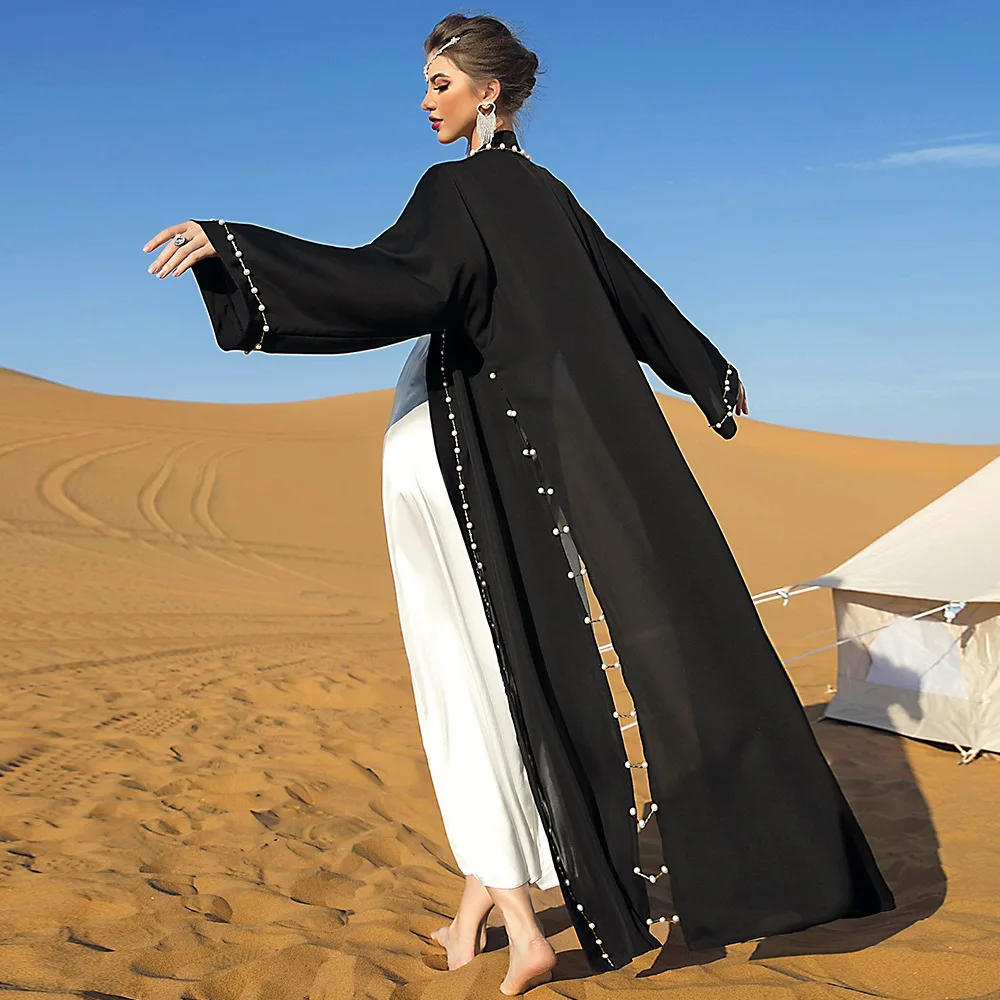 Woman Arabian Abaya With Belt Bead Dubai Kaftan Traditional Eid Mubarak Black Saudi Arabia Muslim Femme Islamic Dresses Turkey