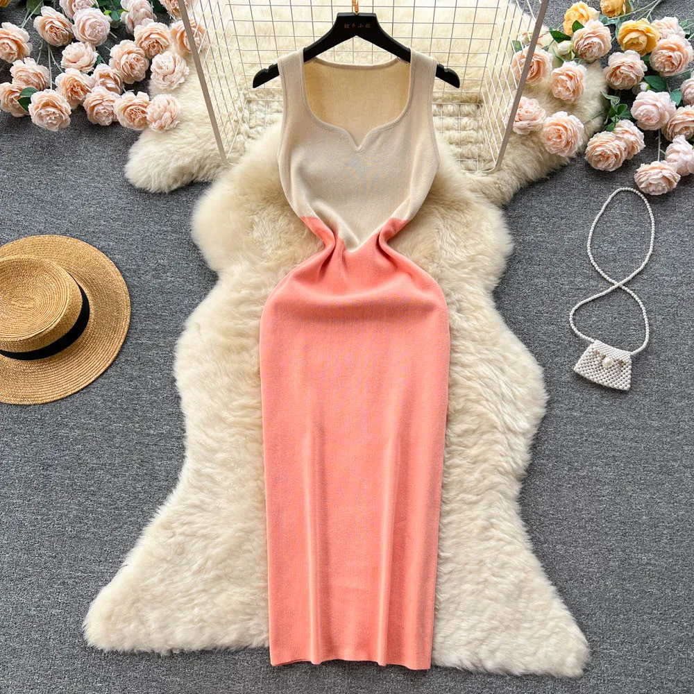 Summer French Vintage Gradient Knitted Dress Sexy V-neck Strap Bra Wrap Hip Slim Fit Long Dress