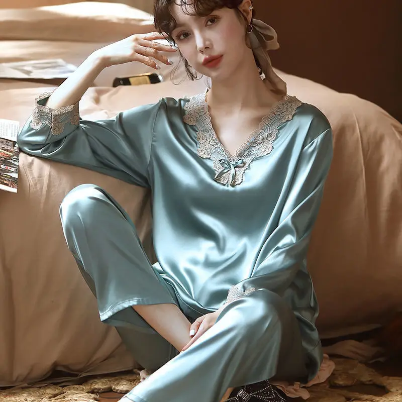 

Womens Silk Pajamas Suit Sexy Long Sleeve Sleepwear Satin Underwear Large Size Lingerie Home Clothes 2-piece Loungewear E81
