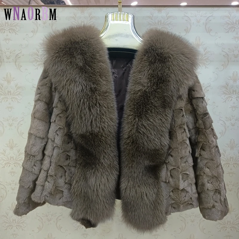 Winter women's short 100% real mink coat fox fur collar natural fur fashion short fur fur coat Mink fur material splicing enlarge