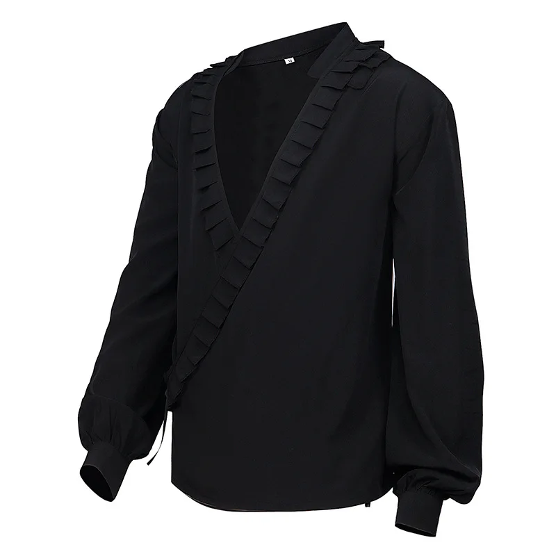 

Adult Black Ruffles Stand Collar Long Sleeves Victorian Medieval Top Vintage Renaissance Pirate Shirt Goth Steampunk Clothing