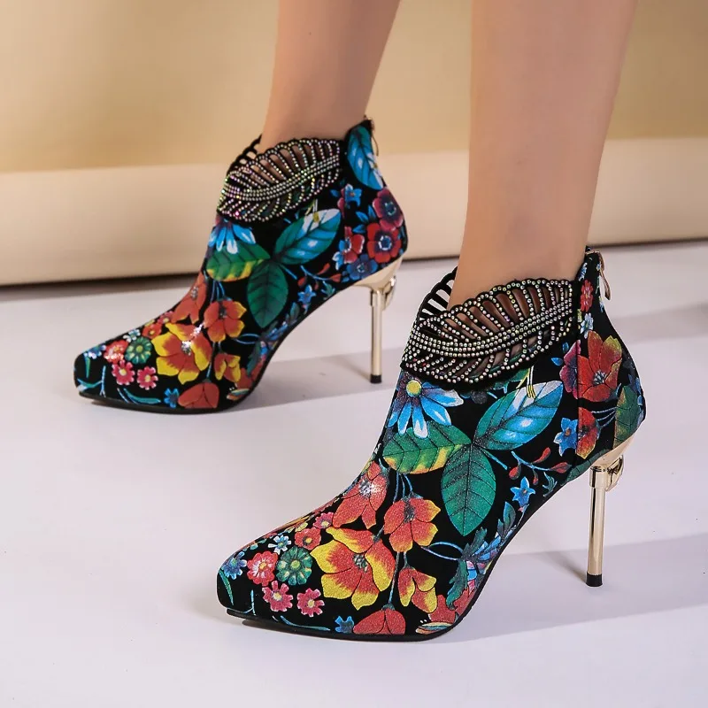 

Women Boots Spring 2024 Pointed Toe Stiletto Ankle Boots Fashion Print Zipper 43 Large Size Super High Ankle Boots Zapatos Mujer