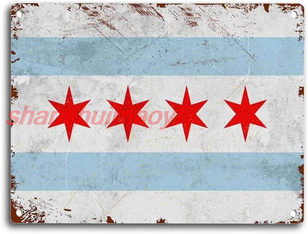 Оловянная вывеска Chicago Flag Art Wall Fun Home Decor Bistro Cartel de Chapa Decoración pared 12x16inch ADS