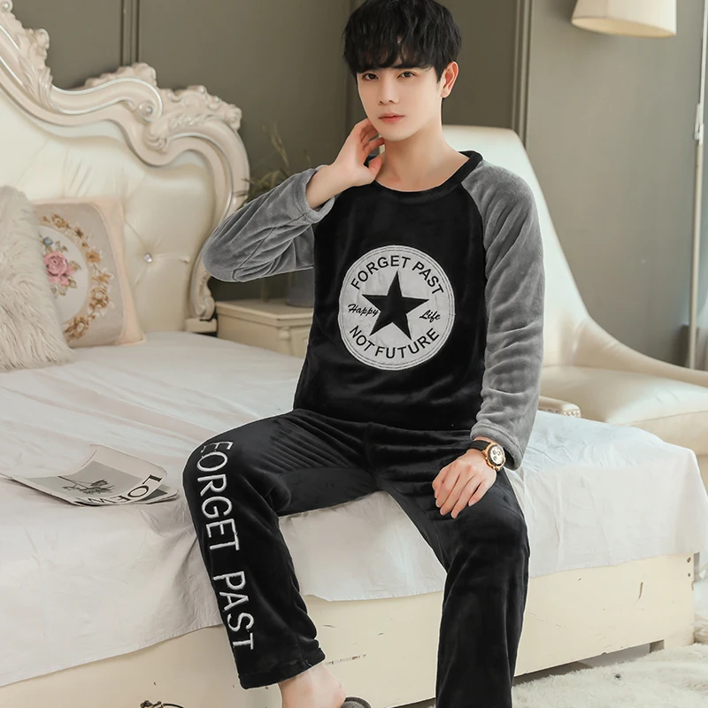 2022 Winter Long Sleeve Thick Warm Flannel Pajama Sets for Men Coral Velvet Cute Cartoon Sleepwear Suit Pyjamas Homewear Clothes