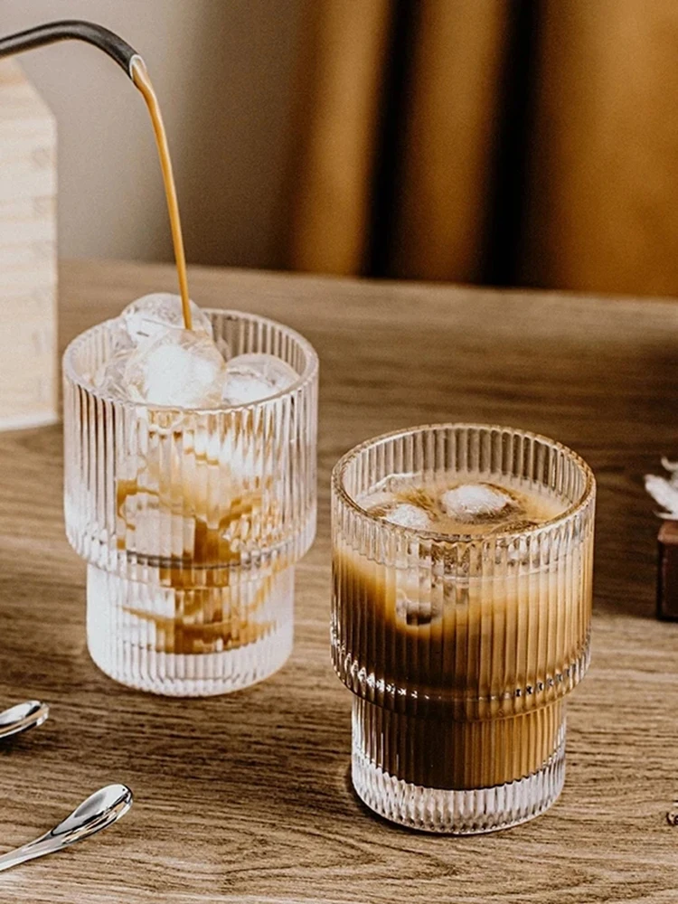 

380/300/200ml Coffee Cup Ribbed Glass Transparent Drinkware Water Tea Mugs Milk Juice Wine Container Office Vertical Stripes Set
