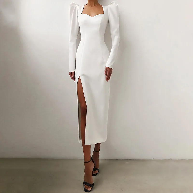 

Puff sleeve slit French dress women 2022 summer elegant temperament commuter women's long skirt