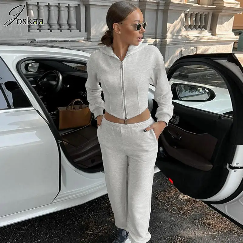 

Joskaa Sporty Style Two Piece Set Women Casual Long Sleeve Hoodie Zip Jacket and Sweatpants Suits 2023 Street Outfits Tracksuit