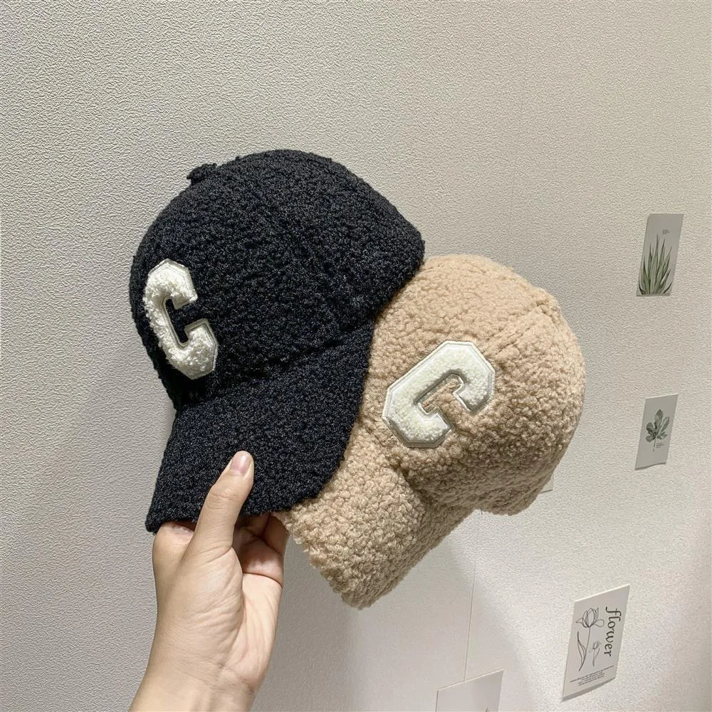 

New C Embroidery Letter Baseball Hat Women's Lamb Cashmere Autumn and Winter Thickened Warm Duck Tongue Hat Korean casual