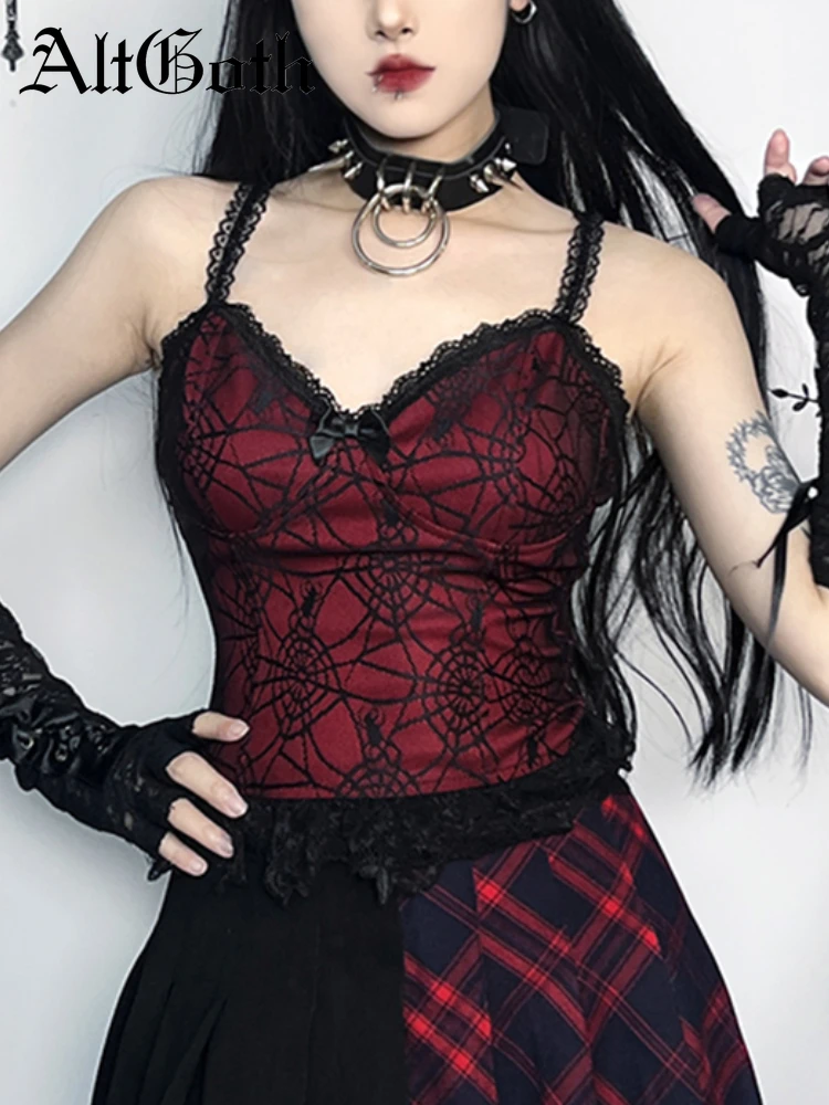 

AltGoth Halloween Gothic Dark Camis Women Streetwear Sexy Spider Web Mesh Patchwork Bow Lace Trim Basic Crop Tank Tops Female