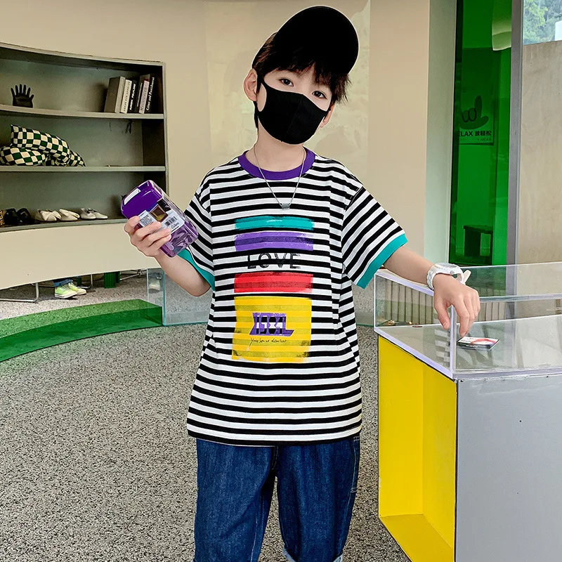 

Летняя футболка для мальчиков 4 -14 лет, модные повседневные хлопковые топы в полоску с коротким рукавом и круглым вырезом, Детская футболка, ...