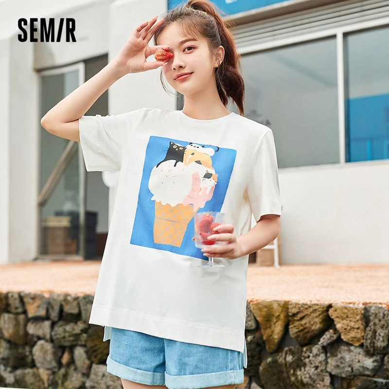 

Semir Short Sleeve T-Shirt Women Cat Print Loose White Bottoming Tshirt 2022 New Summer Top Ins Tide T