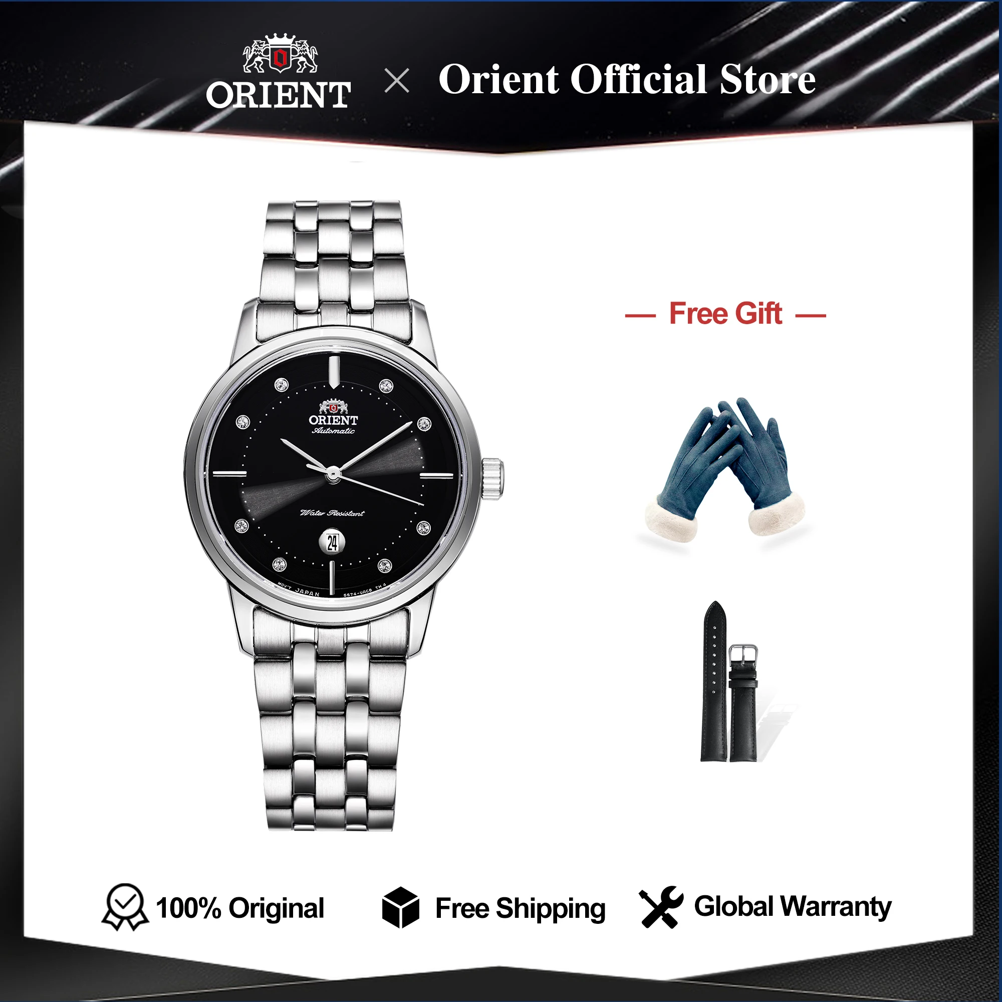 Original Orient Automatic Watch for Women, Japanese Watch Crystal-Encrusted Ladies Watch Fashion 28mm 3D Dial Sapphire Glass