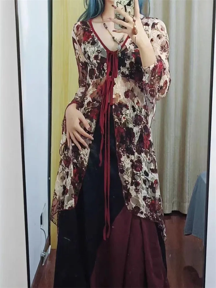 Женский винтажный кардиган средней длины с цветочным принтом