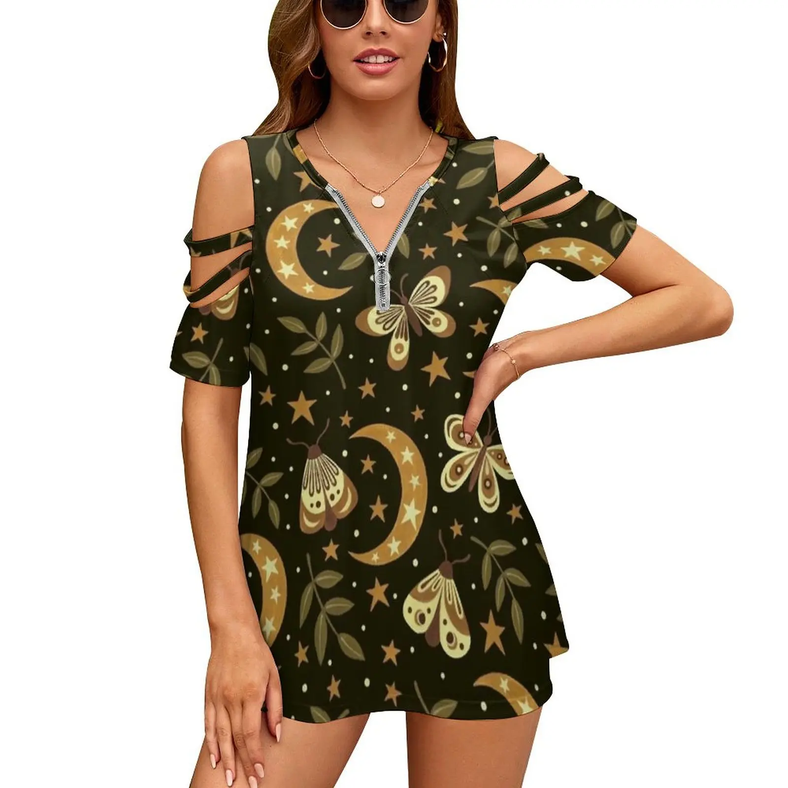 

Женская футболка Moons And Moths, новая модная футболка с принтом на молнии и V-образным вырезом, футболки с коротким рукавом, повседневная, с рисун...