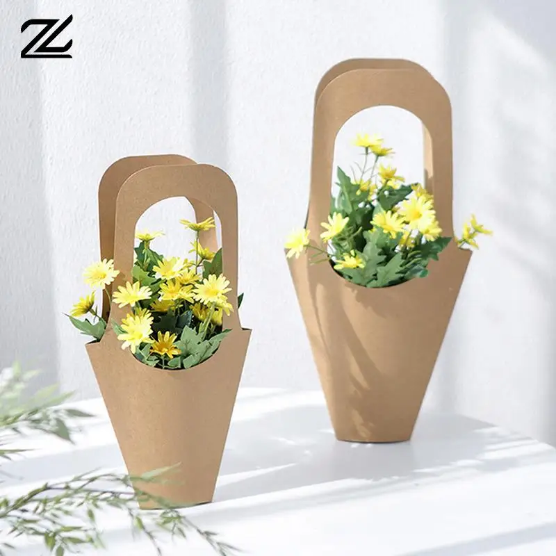 

2pcs Handle Kraft Paper Flower Bags Flowers Wrapping Gift Flower Packaging Boxes for Home Wedding Party Decoration