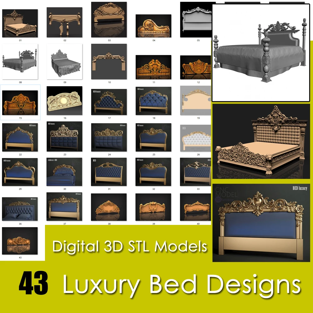 

43 Digital 3D STL Model Luxury Bed Bundle Headboard Designs Collection CNC Plan Relief for CNC Router Round Engraving