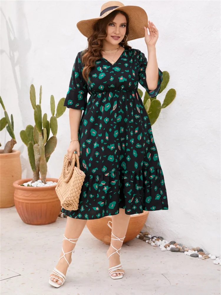 Plus size women summer new V-neck short-sleeved ruffled elastic waist dress long skirt plus size feminino