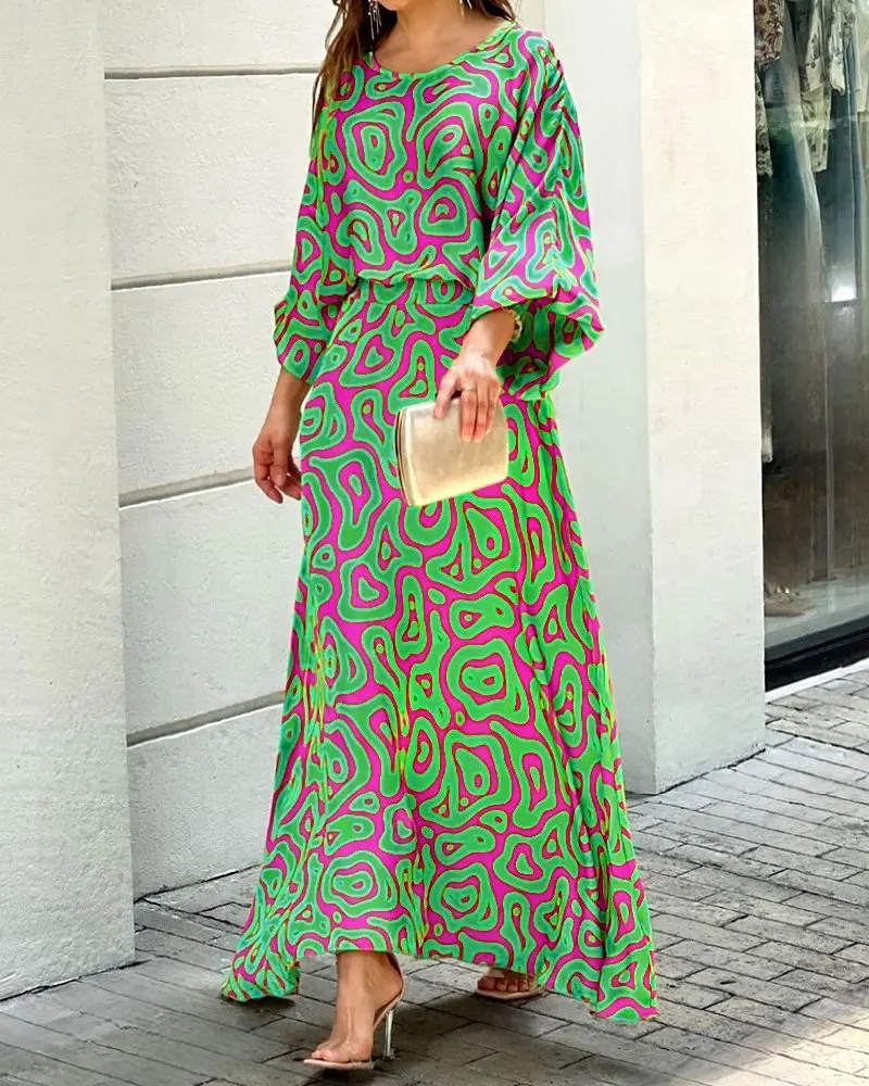

New Women Summer Autumn Two Piece Sets Crew Neck Print Long Lantern Sleeve female Loose Elegant Dress Ladies Casual Beach Suit