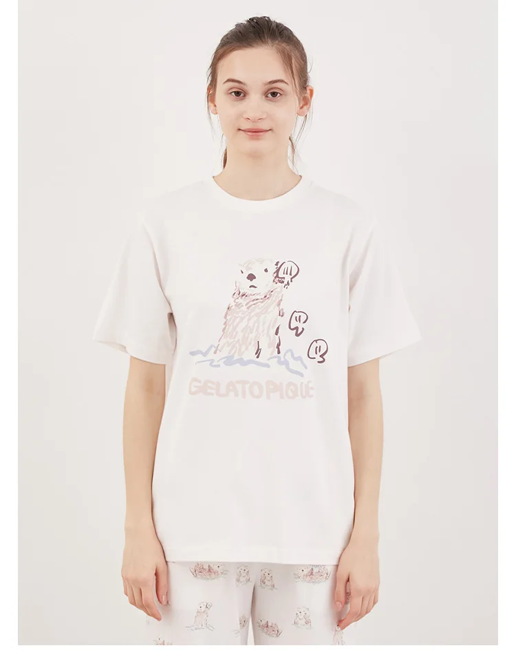 Cute Pajamas Room Wear Gelato Pique Summer Women's Pajamas Kawaii Otter Printed Short-Sleeved T-shirt Tops Pants Dress
