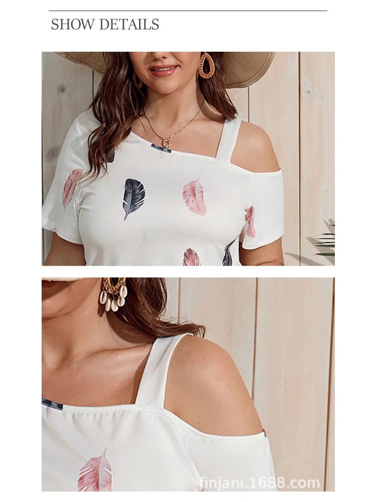 Oversized women's comfortable cross-neck, off-the-shoulder slim T-shirt plus size clothing  plus size tops