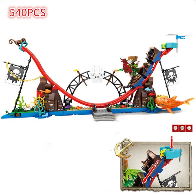 540pcs Black Pirate Ship Of The Caribbeans Pearl Amusement Park Building Blocks Bay Movie Model Kit Moc Barracuda Children Toys