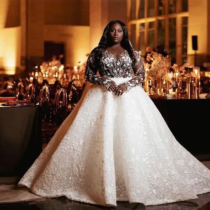 

African Lace Long Sleeves Wedding Dresses Sexy See Through A Line Bridal Gowns Aso Ebi Style Wedding Vestidos Custom Made 2022