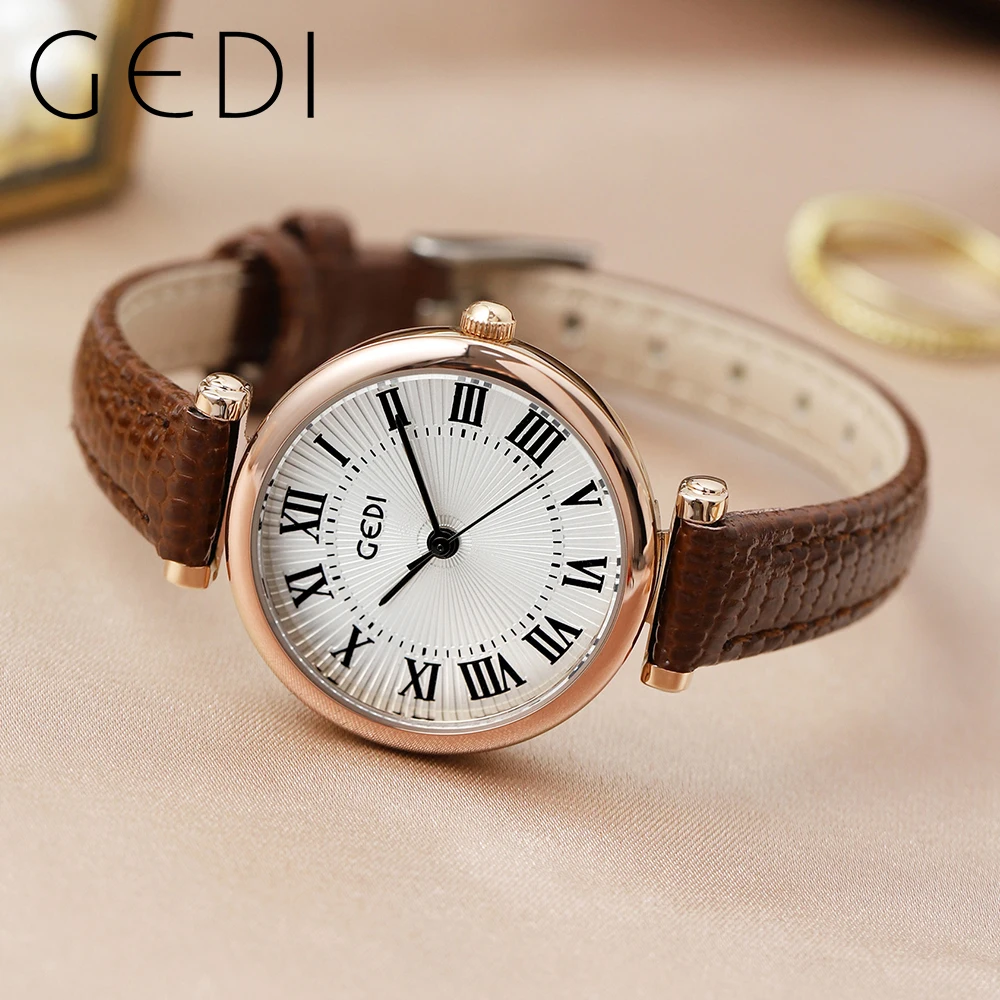 GEDI Retro Women Watches Vintage Roman Dial Leather Strap Waterproof Female Watch Fashion Casual Ladies Quartz Wristwatches 2023
