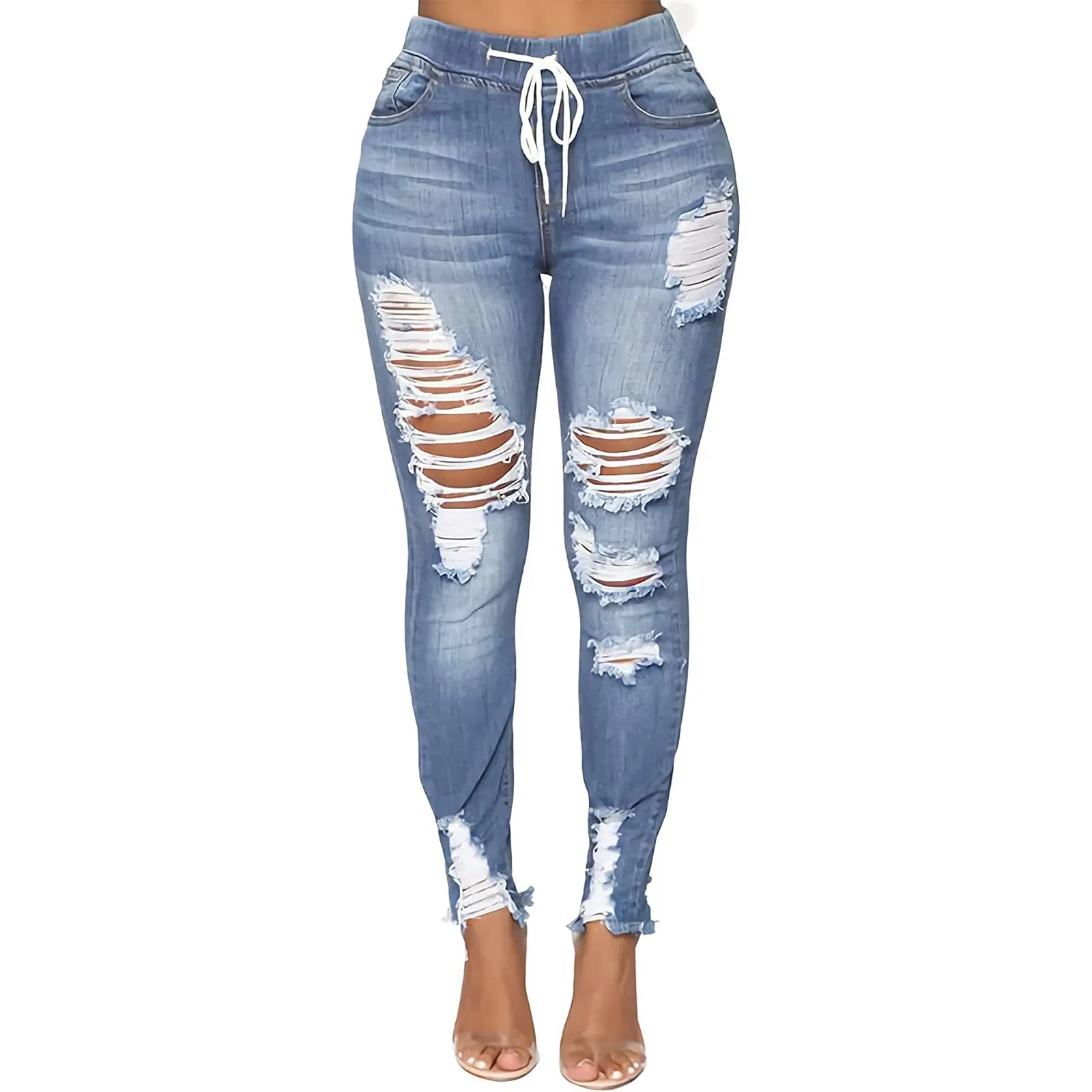 

Women's Knee Hole Straight Leg Slim Drawstring Skinny Denim Jeans with Pocket Woman Pants