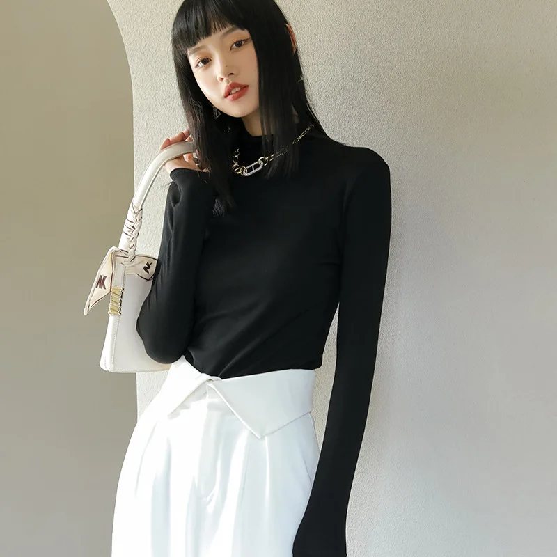 

Slim half high collar medium collar long sleeve bottomed shirt for women with tight solid color shirt for autumn and winter