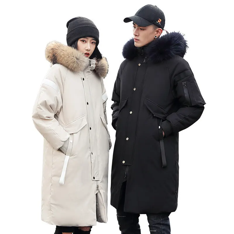 Men's down jacket in the long autumn and winter simple new white eiderdown thickened trend cargo lovers cotton-padded men