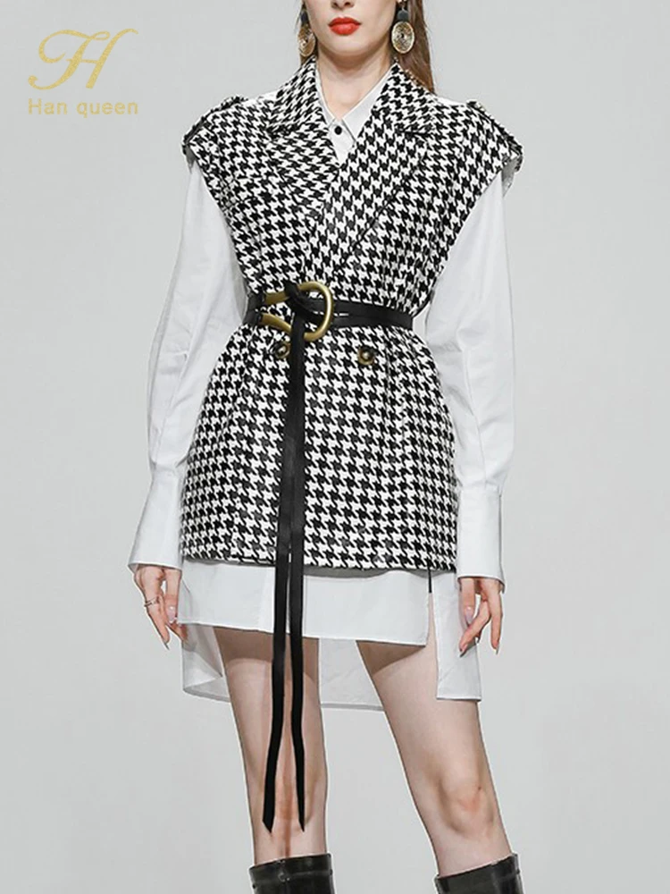 

Женское офисное платье из 2 частей H Han Queen, элегантное базовое длинное белое платье-жилет с V-образным вырезом и рисунком «гусиная лапка», осе...