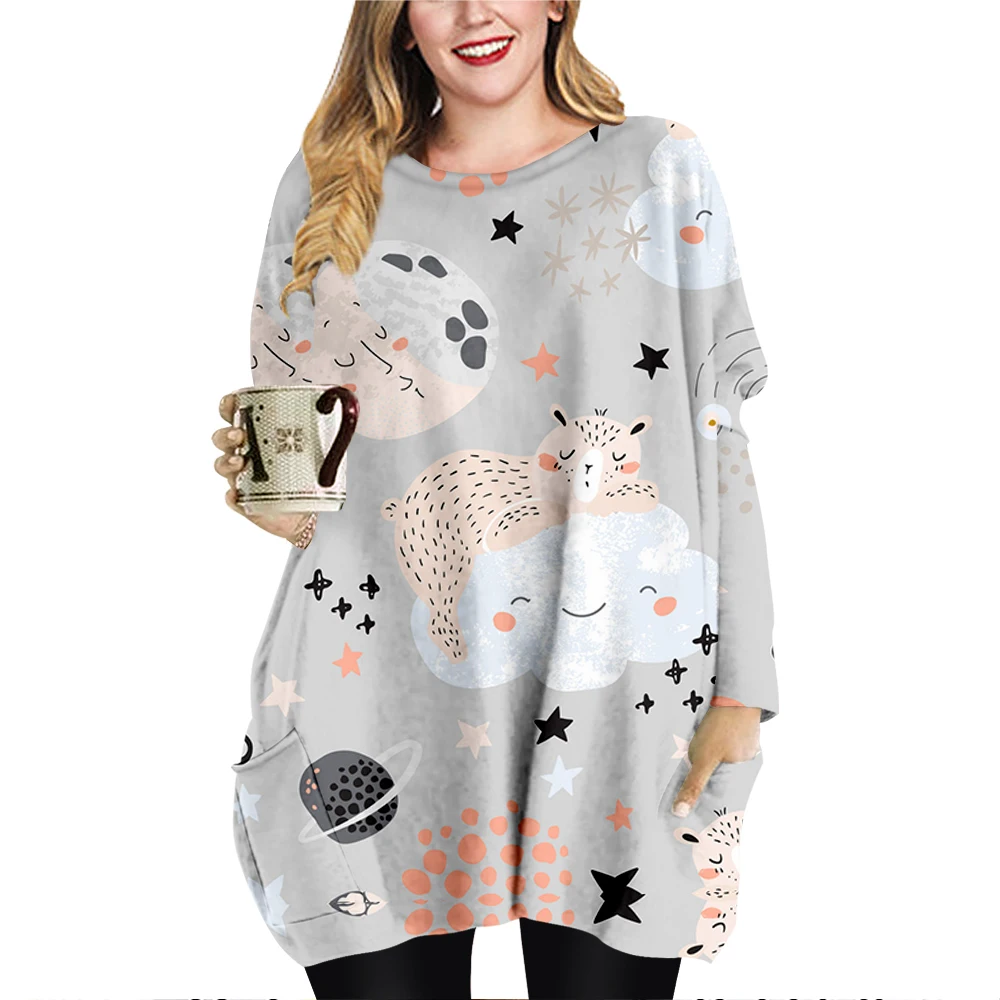 

Женское мини-платье с круглым вырезом, длинным рукавом и принтом звезд и Луны