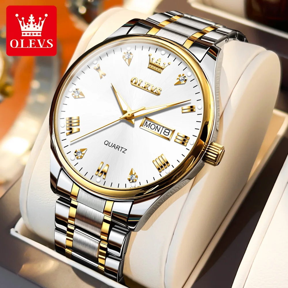 

OLEVS New Men's Watches Casual Business Quartz Stainless Steel Band with Week Date Luminous Hands Wristwatch Relogio Masculino