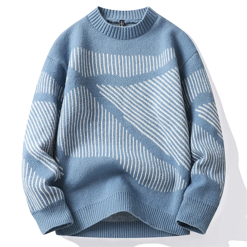 

LUCLESAM Men's Striped Patchwork Sweater Round Neck Knitted Pullover New Korean Version Trend Male Bottoming Knitwear