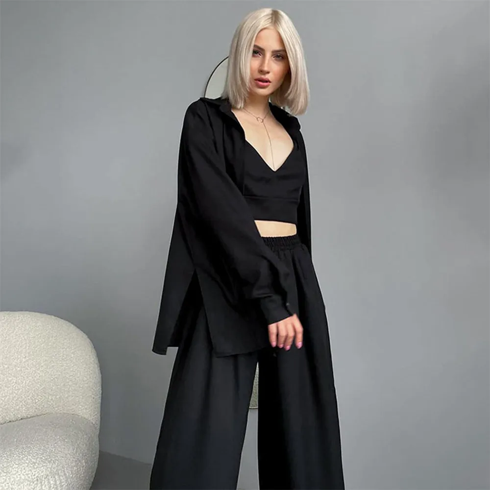 Autumn Casual Three Piece Women Suit Underwear Lapel Long Sleeve Shirt Wide Leg Trousers Female Set Fashion Loungewear Lady Sets