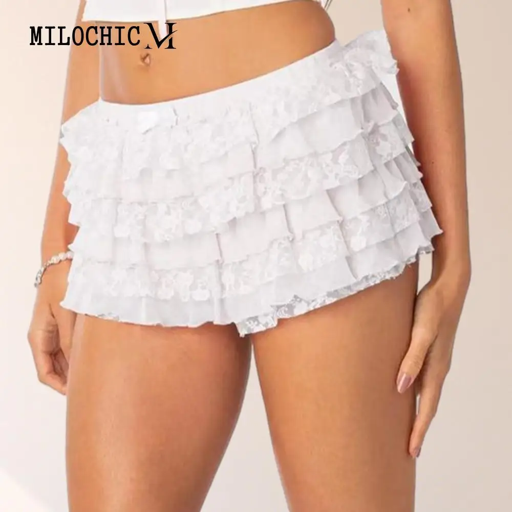 

Women Y2k Low Rise Skirt Asymmetrical Lace Layered Shorts Casual Tiered Short Skirt Elastic Waist Shorts Party Beachwear