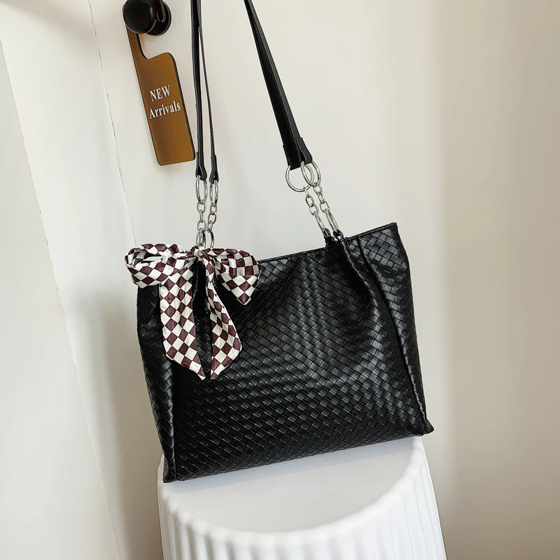 

Women Bags Luxury Brand High Quality Leather Hangbag Large Capacity Shopping Bag Woven Pattern Casual Tote Bag With Silk Scarf