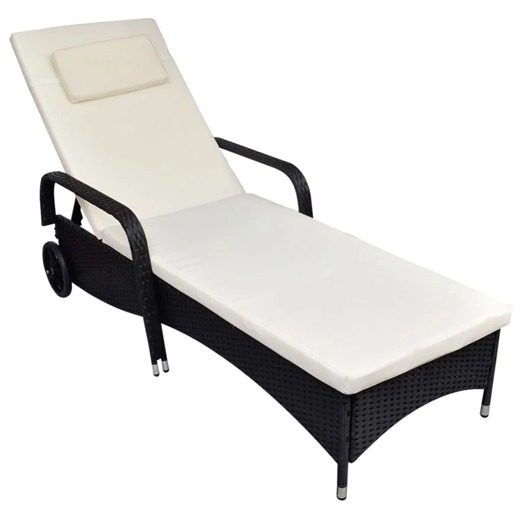 

Outdoor Patio Garden Sun Lounger Lounge Chairs for Pool Outside Deck with Cushion & Wheels Poly Rattan Black