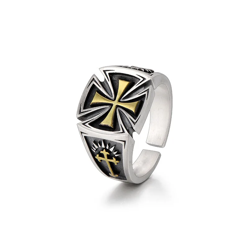 

New Hip Hop Men's Fashion Cross Pattern Ring Two-Color Knight Party Jewelry Opening Adjustable Ring