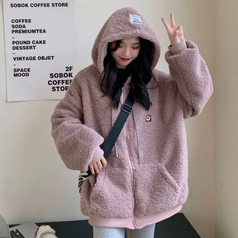 Deeptown Women Zip Up Hoodies Harajuku Lambs Wool Fleece Sweatshirt Preppy Style Purple Beige Fuzzy Coat Thick Cute Casual Trend