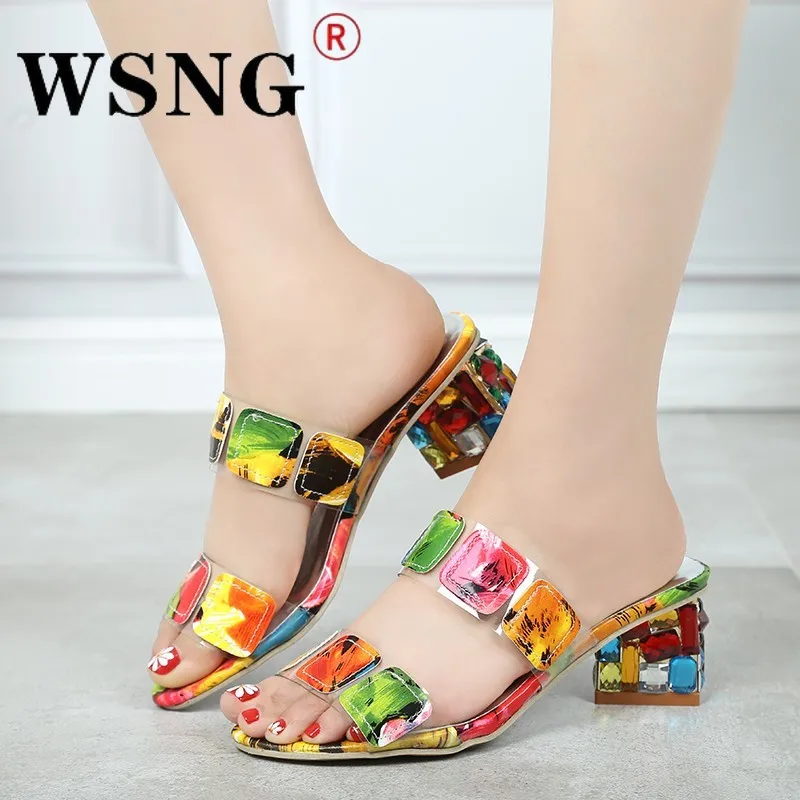 

Summer Ladies Mixed Color Square Heel Sandals 2022 New Fashion Round Toe Open Toe Casual Sandals Shoes for Women
