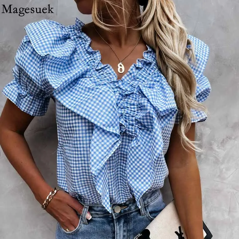 

Vintage Puff Sleeve Tops Elegant Plaid Blouse Women V-neck Ruffle Shirts Women Summer Elegant Slim Blouses Blusas Femme 16583