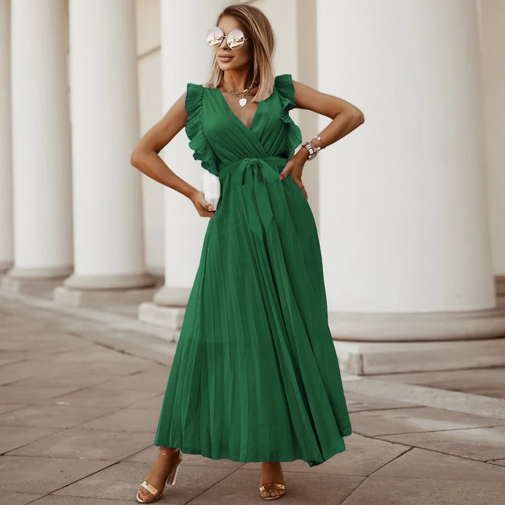 

Fashion elegant Sexy ruched Slim Beach Long Dress Women 2022 Summer Lotus Leaf Sleeve Vestidos Maxi Robes Casual solid dress