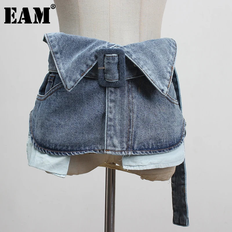 

[EAM] Light Blue Irregular Bandage Stitch Long Wide Belt Personality Women New Fashion Tide All-match Spring 2022 1X052