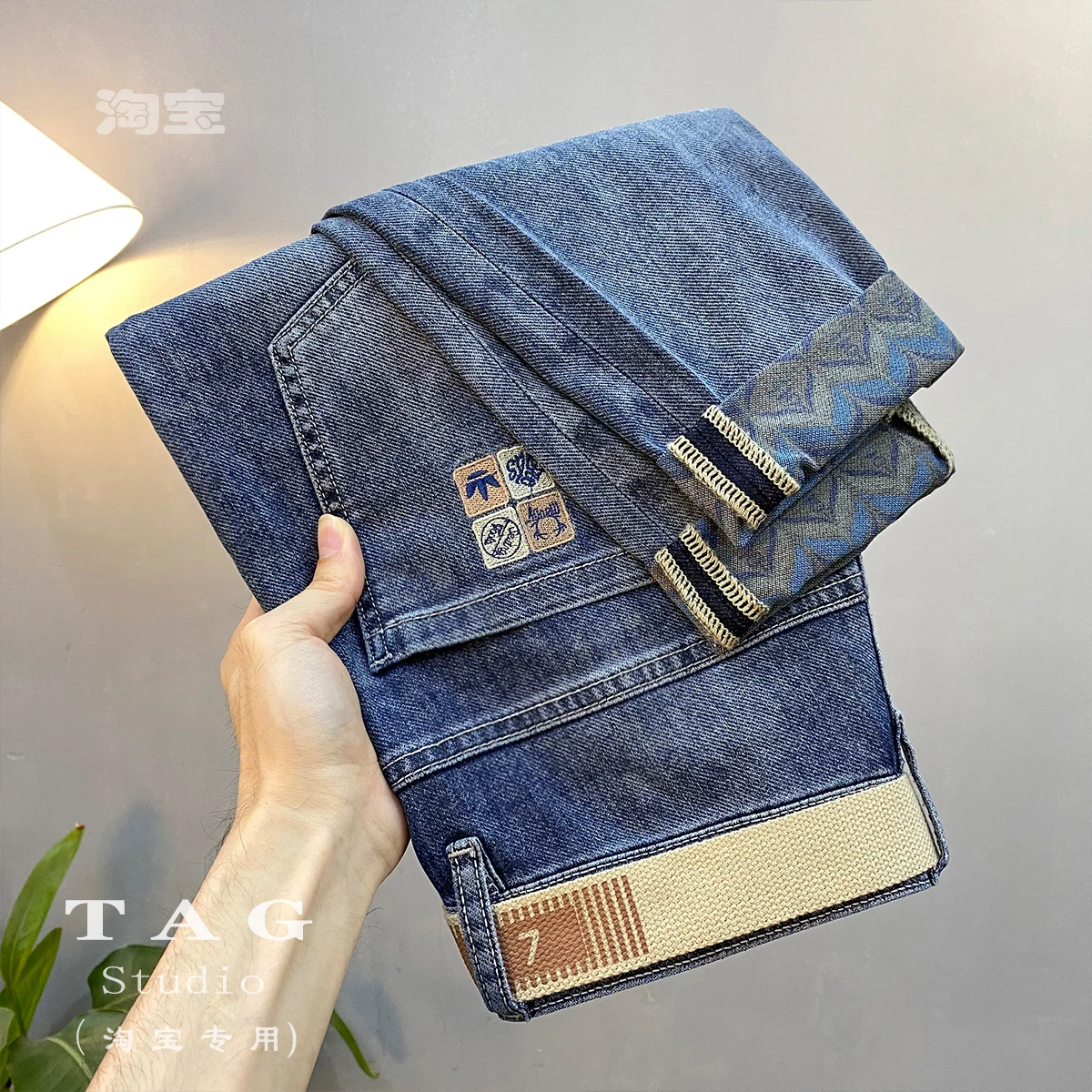 Seasonal Men's Jeans Trousers Embroidered Letter Slim Fitting Cotton Elastic Plaid Luxurious High Street Denim Pants Red Ear 024