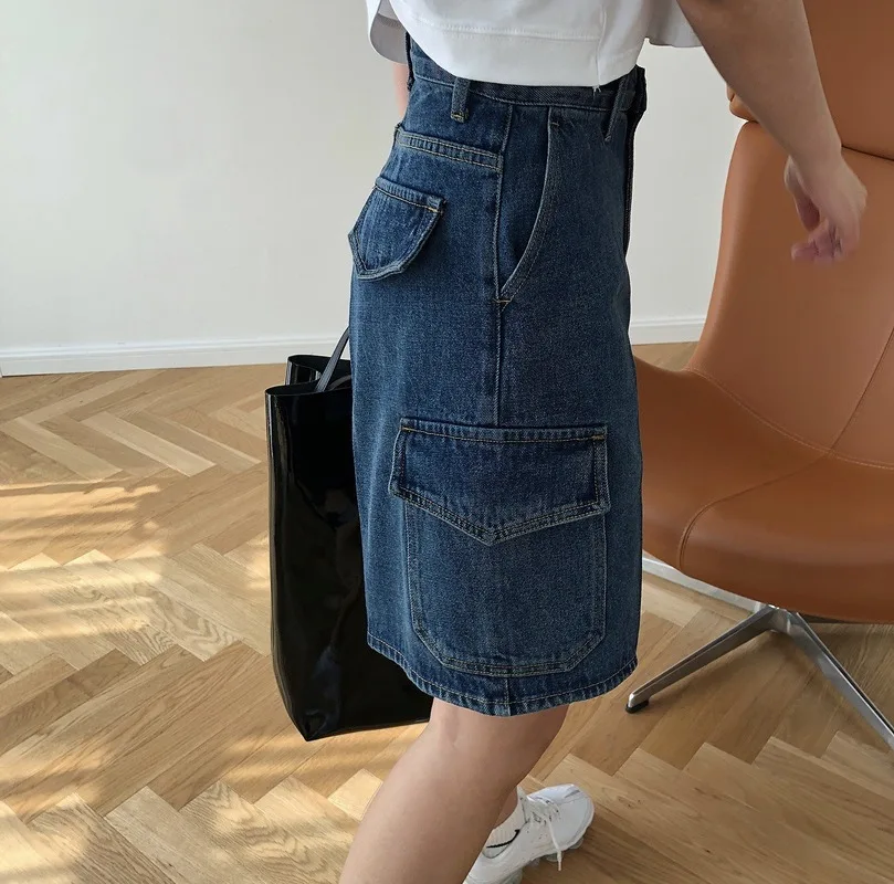 Indie High Waist Blue Denim Y2K Pocket Straight Shorts 2021 Summer New Street Fashion Women Loose Wild Five-point Solid Shorts