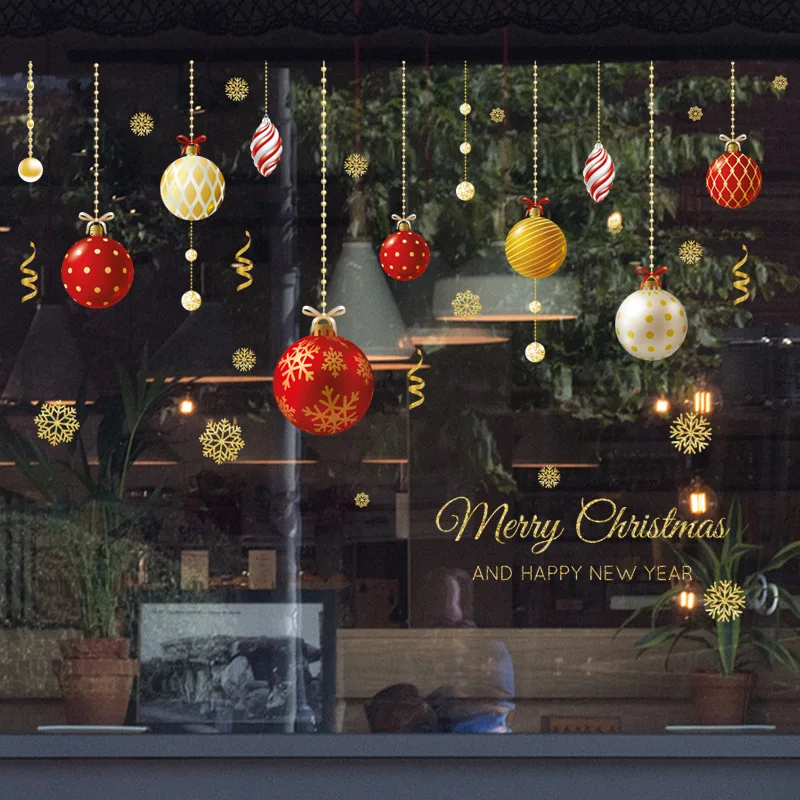

45*60cm 2023 Christmas Wall Stickers Decoration Shop Glass Window Golden Christmas Ornaments Colored Ball Stickers