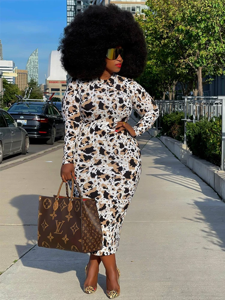 

ZJFZML ZZ Women Clothing Dresses Plus Size Chic Cow Print Long Sleeve High Waist Mid Calf Bodycon Dress Dropshipping Wholesale