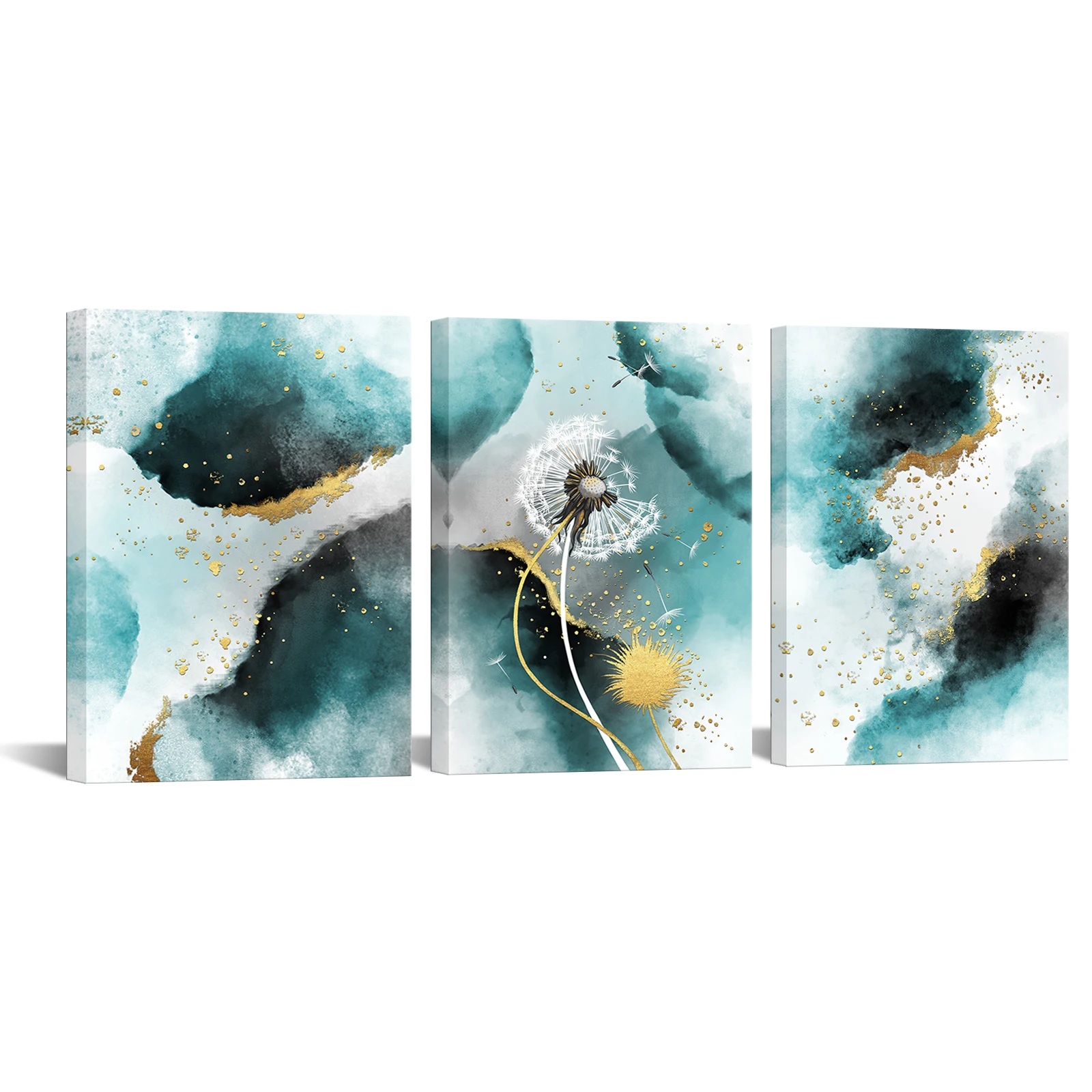 

3 Pieces Blue and Gold Abstract Home Decor Poster Dandelion Print Canvas Painting Modern Style Picture Living Room Wall Art